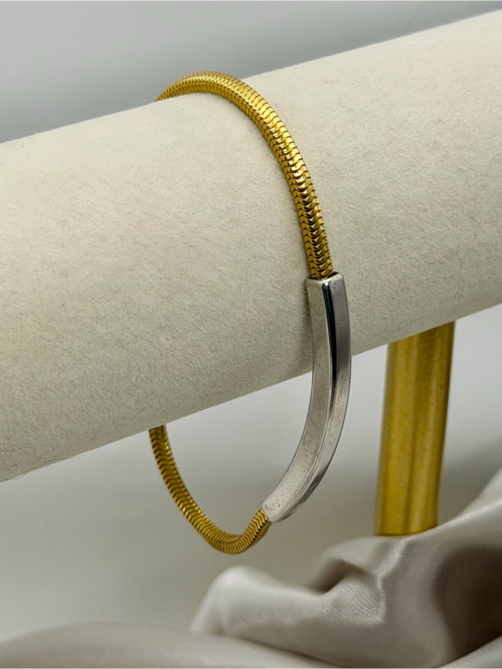 Vintage Trifari Two-Tone Snake Chain Bar Bracelet | Gold & Silver Tone
